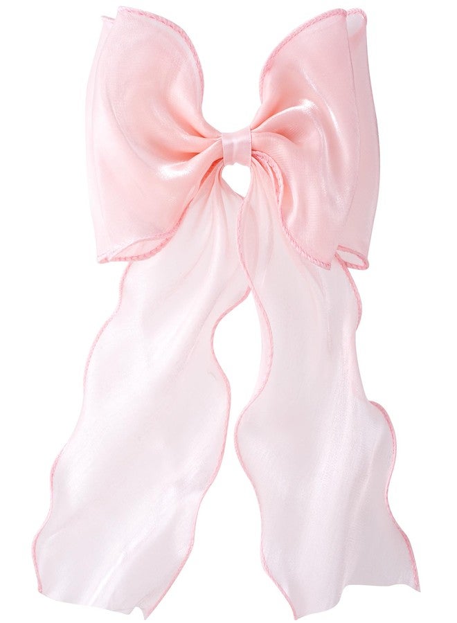 STSTR Large Hair Bow Clips, Pink Silk Yarn Ribbon Bow Hair Barrette for Women, Elegant Long Tail Bowknot French Hair Accessories for Wedding, Parties, Festivals - 1pcs - Image 1